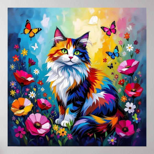 Pretty Colorful Impasto Cat and Flowers Poster (Vorne)