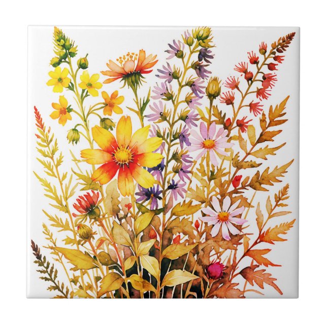 Pretty colorful wildflowers watercolor  fliese (Vorderseite)