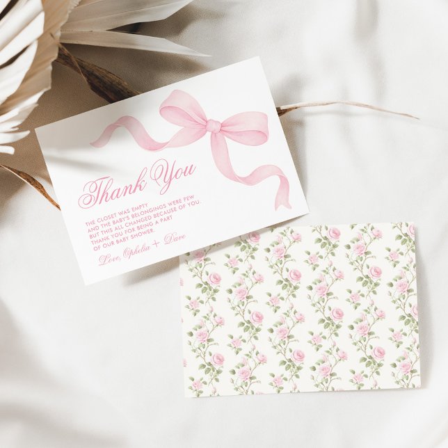 Pretty Coquette Pink Bow Girl Baby Shower Dankeskarte (Von Creator hochgeladen)