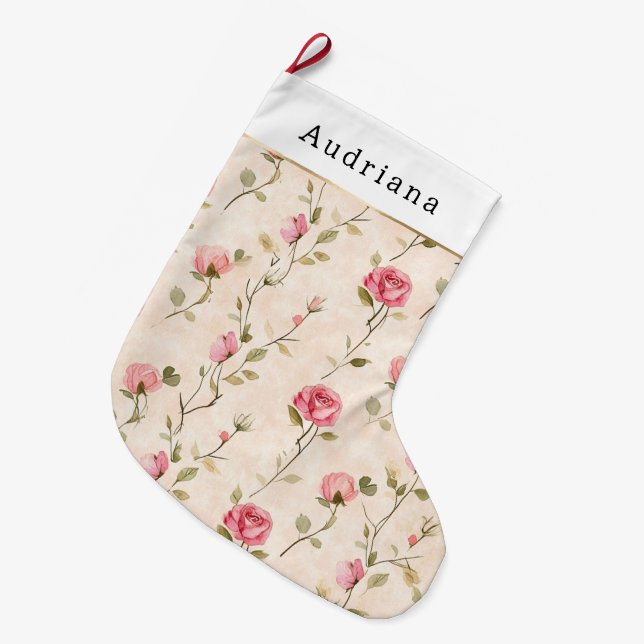 Pretty Cream Pink Rose Floral Christmas Großer Weihnachtsstrumpf (Vorderansicht (hängend))