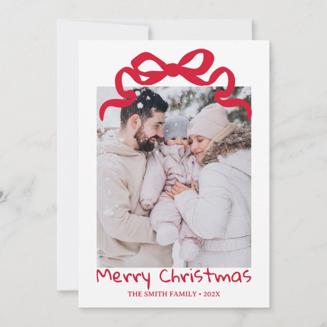 Pretty cute Christmas Red Bow Photo card  Einladung (Vorderseite)