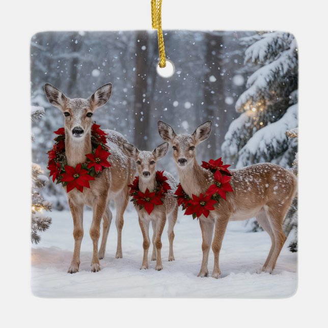 Pretty Deer Family Wreath Tree Keramikornament (Vorderseite)