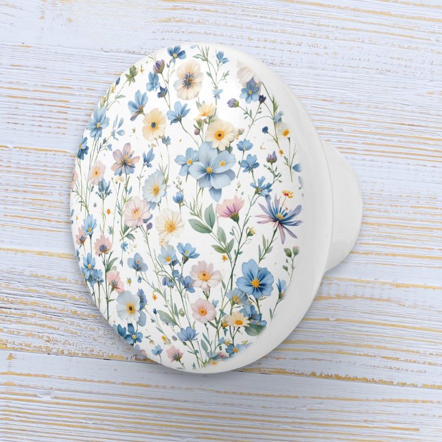 Pretty Delicate Botanical Floral Keramikknauf (A drawer pull knob in white with elegant floral design in rustic country farmhouse style)