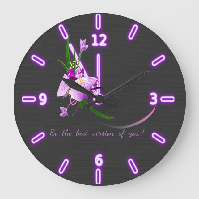 Pretty Elegant  Purple Flower-Black Background Große Wanduhr (Vorderseite)