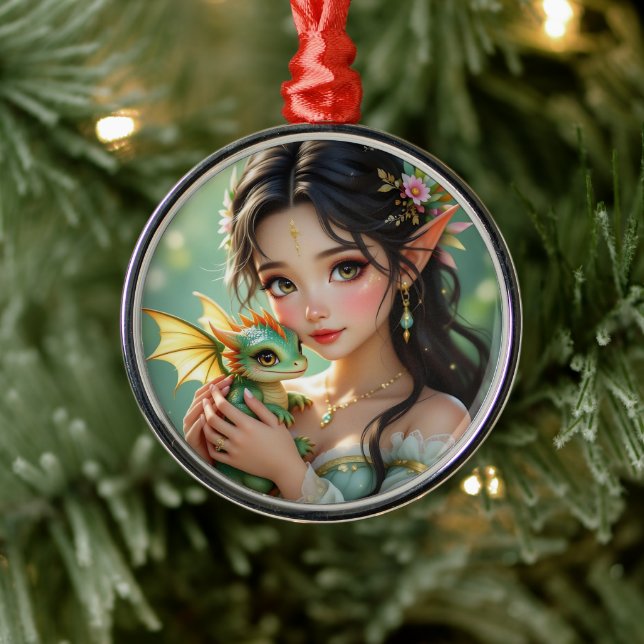 Pretty Elven Fairy & Dragon Ethereal Christmas Ornament Aus Metall (Baum)