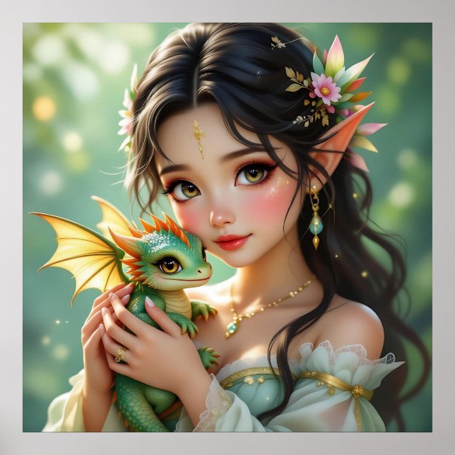 Pretty Elven Fairy & Dragon  Poster (Vorne)