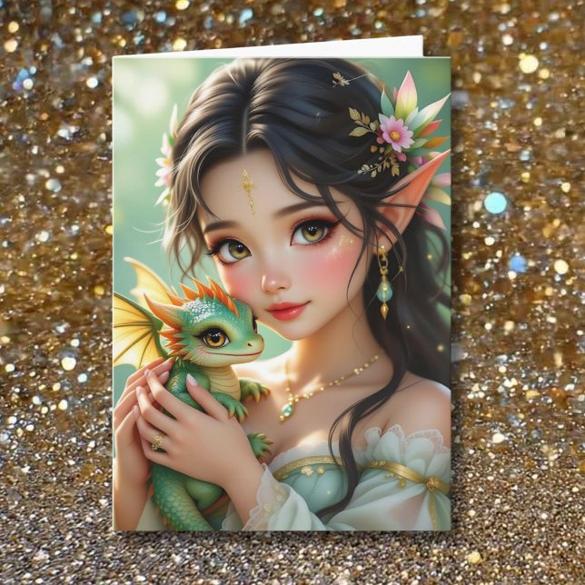 Pretty Elven Fairy & Dragon Themed Girl's Birthday Karte (Von Creator hochgeladen)
