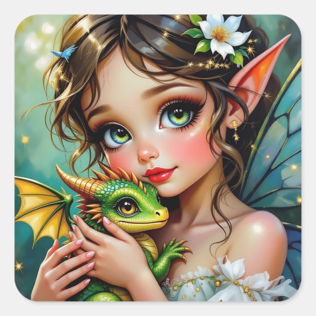 Pretty  Fairy and Dragon Themed Girl's   Quadratischer Aufkleber (Vorderseite)