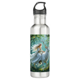 Pretty Fairy and White Deer in Enchanted Forest Edelstahlflasche