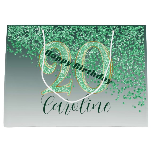 Pretty Falling Green Glitter 20th Birthday Große Geschenktüte (Vorderseite)