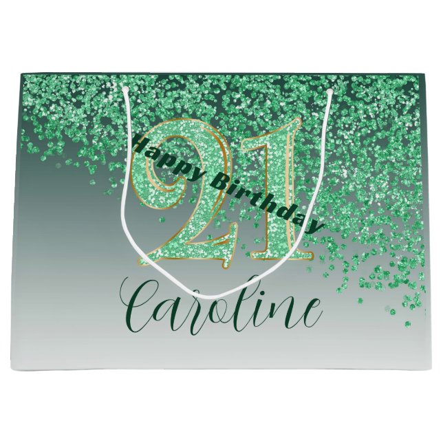 Pretty Falling Green Glitter 21st Birthday Große Geschenktüte (Vorderseite)