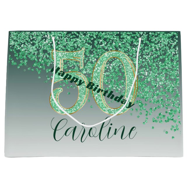 Pretty Falling Green Glitter 50th Birthday Große Geschenktüte (Vorderseite)