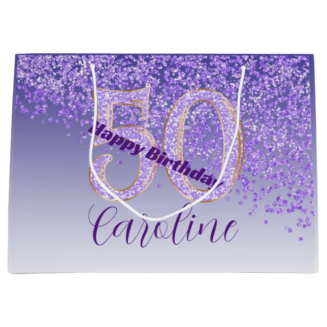 Pretty Falling Purple Glitter 50th Birthday Große Geschenktüte (Vorderseite)