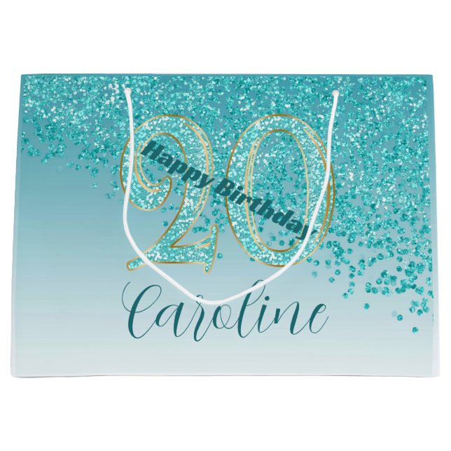 Pretty Falling Teal Blue Glitter 20th Birthday Große Geschenktüte (Vorderseite)