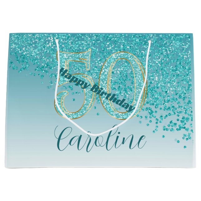 Pretty Falling Teal Blue Glitter 50th Birthday Große Geschenktüte (Vorderseite)