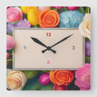 Pretty Floral Framed Roses Tulips Hydrangea Quadratische Wanduhr