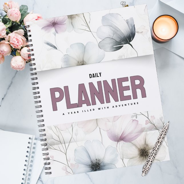 Pretty Floral Watercolor Blooms (Watercolor floral daily planner in soft blue and pink, yearly calendar for adventure seekers.)
