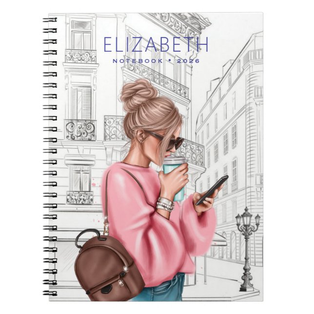 Pretty Girl with Coffee and Phone in Paris Notizblock (Vorderseite)