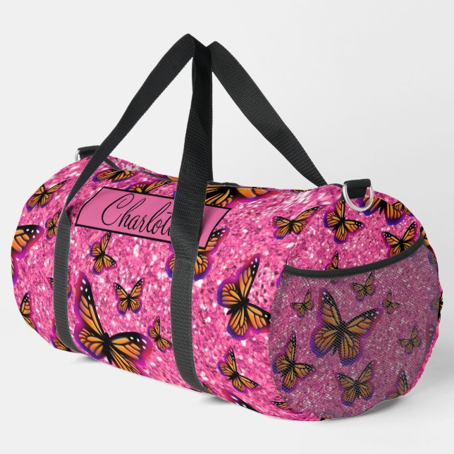 Pretty Girly pink glitter butterflies monogram Duffle Bag (Rechte Ecke)