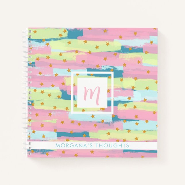 Pretty Green, Pink, Yellow, Gold  Monogram Square Notizbuch (Vorderseite)