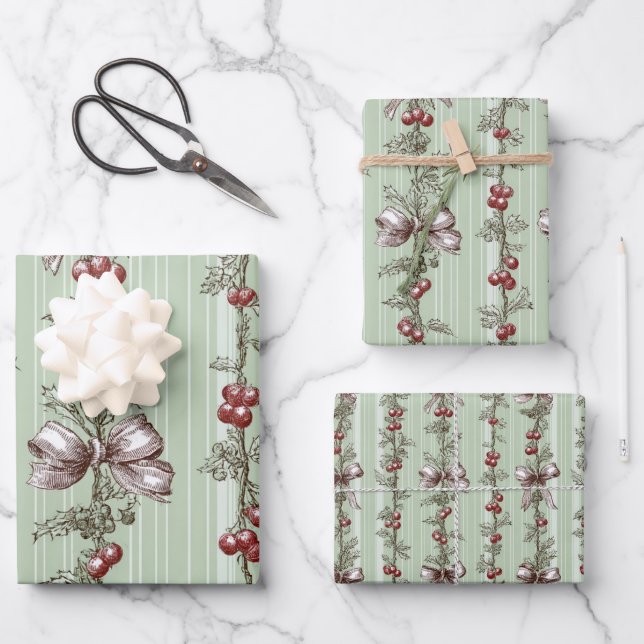 Pretty Green Toile Christmas Berries And Bows Geschenkpapier Set (Vorderseite)