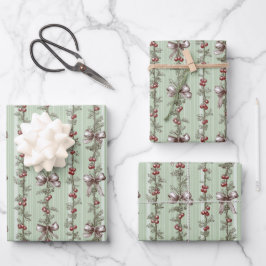 Pretty Green Toile Christmas Berries And Bows Geschenkpapier Set