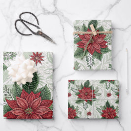Pretty Green Toile Red Christmas Flower Pattern Geschenkpapier Set