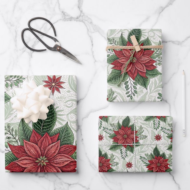Pretty Green Toile Red Christmas Flower Pattern Geschenkpapier Set (Vorderseite)