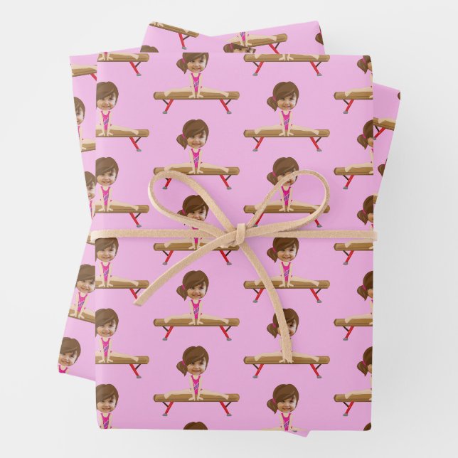 Pretty Gymnastics Girl Custom Kids Face Photo Geschenkpapier Set (Beispiel)