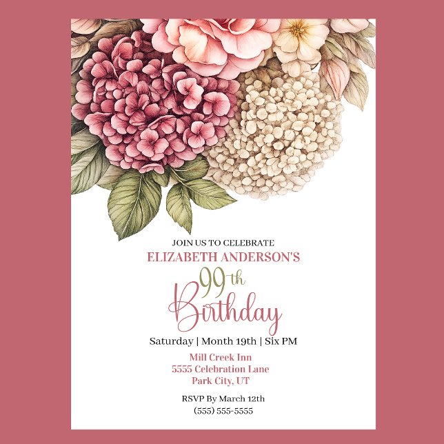 Pretty Hydrangea Rose 99th Birthday Einladung (Pretty Hydrangea and Rose 99th Birthday invitation For Women.)