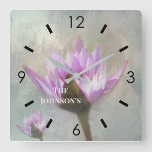 PRETTY IN PINK WATER LILIES LARGE CLOCK QUADRATISCHE WANDUHR