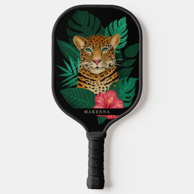 Pretty Jungle Leopard Floral Art | Black | Name Pickleball Schläger (Rückseite)
