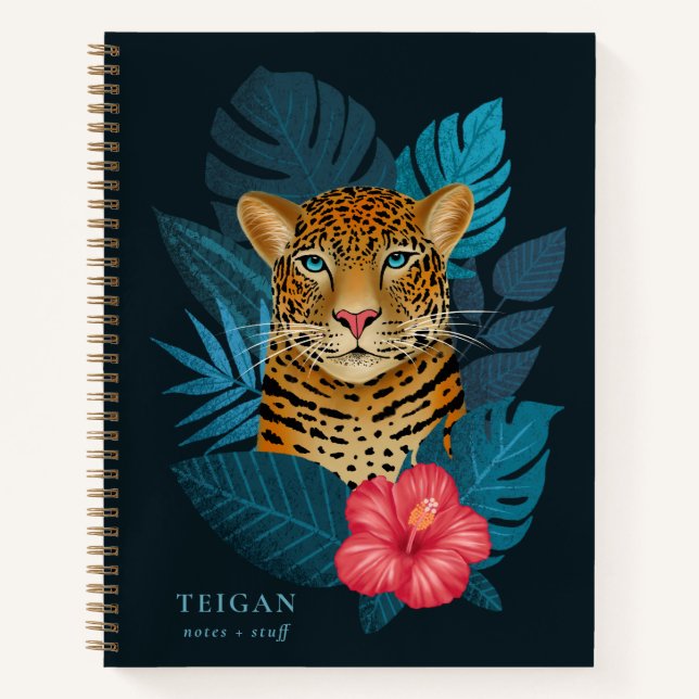 Pretty Jungle Leopard Floral Art | Blue | Name Notizbuch (Vorderseite)