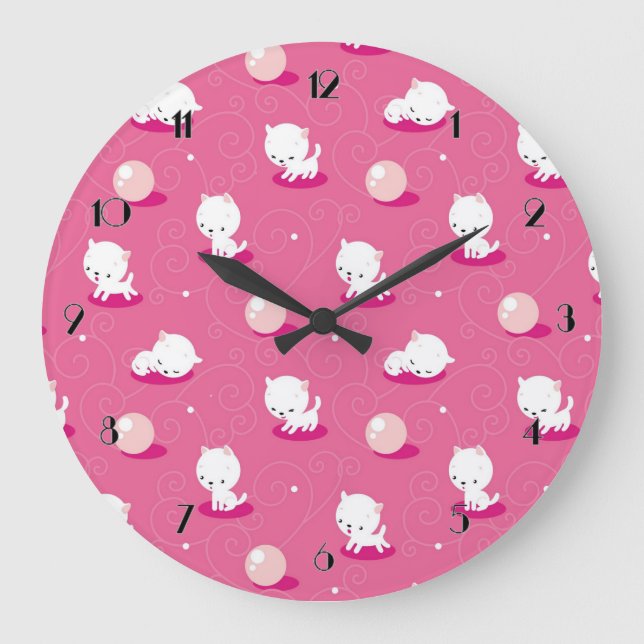 Pretty Kitty Pink Kittens Pattern Wall Clock Große Wanduhr (Vorderseite)