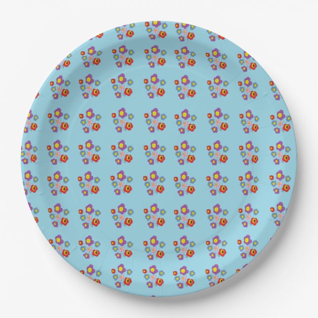 Pretty Ladybug and Flowers Light Blue Pattern Pappteller (Vorderseite)