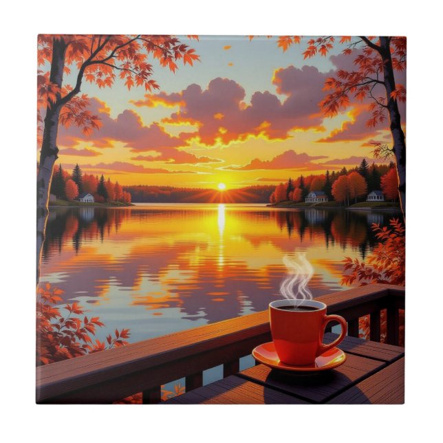 Pretty Lake Side View of a Sunrise and Warm Coffee Fliese (Vorderseite)