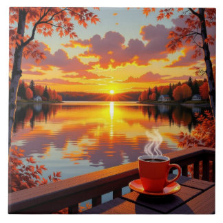 Pretty Lake Side View of a Sunrise and Warm Coffee Fliese