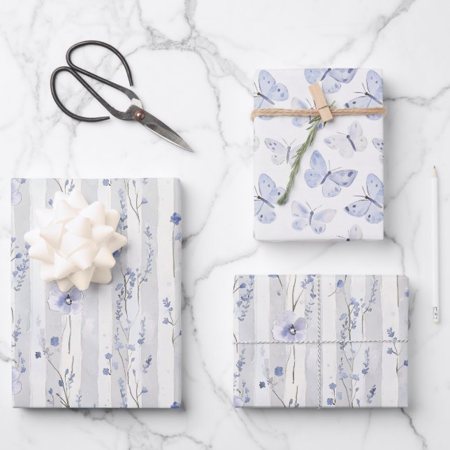 Pretty Lavender White Floral Stripes Birthday Geschenkpapier Set (Vorderseite)