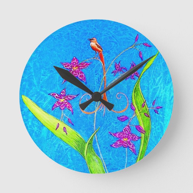 Pretty Little Orchid Bird  Runde Wanduhr (Vorderseite)
