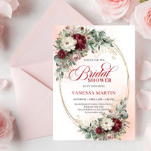 Pretty Maroon Floral Gold Bridal Shower Invitation