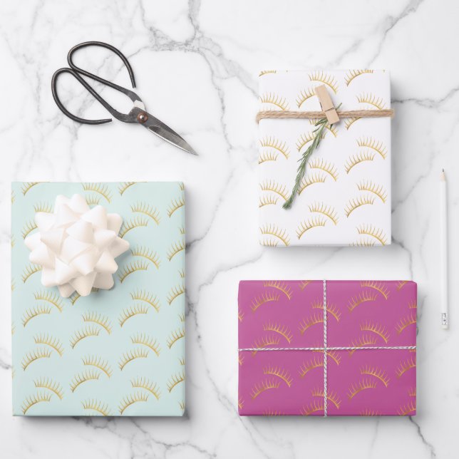 Pretty Mint Pink Gold Eyelashes Birthday Geschenkpapier Set (Vorderseite)