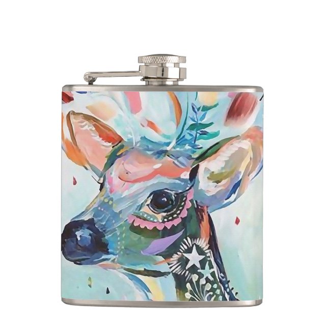 Pretty Modern Deer Art Flower Antlers Flachmann (Vorderseite)