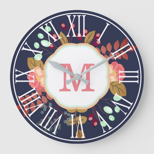 Pretty Modern Floral Collage | Monogram Große Wanduhr (Vorderseite)