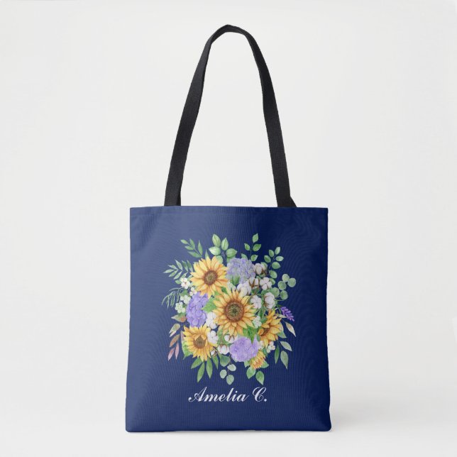 Pretty Modern Navy Sunflower & Wildflowers Design Tasche (Vorderseite)