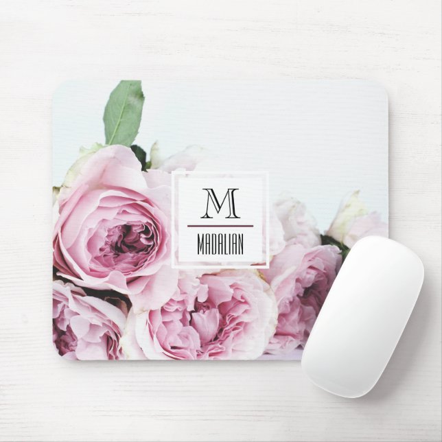 Pretty monogram pink rose initial with border  mousepad (Mit Mouse)