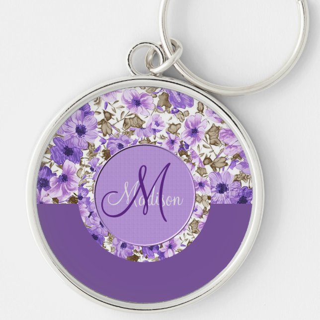 Pretty Monogram Purple & White Floral Key Chain 3 Schlüsselanhänger (Vorne)