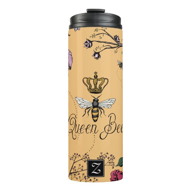 Pretty Orange Queen Bee & Gold Crown Floral Thermosbecher (Vorderseite)