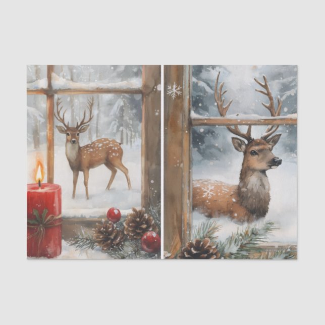 Pretty Pair of Deer in Window Panes in Winter Seidenpapier (Vorderseite)