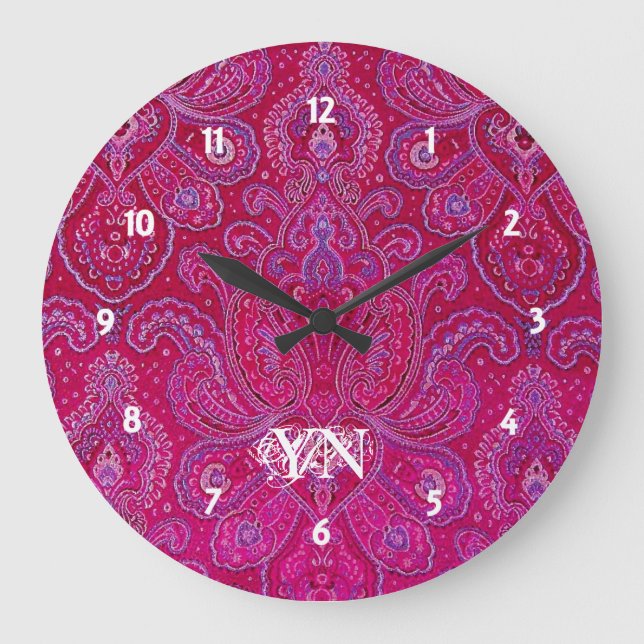 Pretty Paisley monogram Große Wanduhr (Vorderseite)