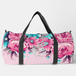 Pretty Pastel Pink & Teal Watercolor Florals  Duffle Bag
